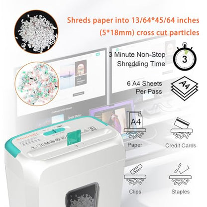 Bonsaii High Security Shredding Paper Shredder, 6-Sheet Cross-Cut, Credit Card Shredder, Home Office, Handle for Document, Mail, Staple, 3.4 Gal Wastebasket, White & Blue - color: Green, size: Crosscut