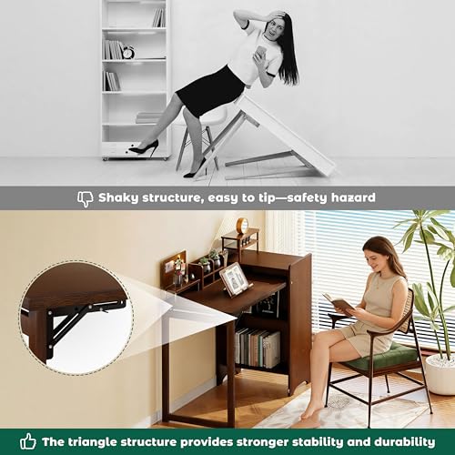 HDDFER Bamboo Folding Desk for Small Spaces,Hidden Desk with Storage Shelf, Foldable Computer Desk for Bedroom Home Office, Mid Century Modern Fold Out Table Writing Table, Walnut - color: Walnut