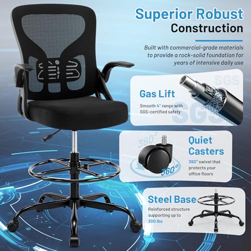Drafting Chair for Standing Desk, Tall Office Chair with 22"-30" Seat Height &7" Lift Footrest Ring, Ergonomic Executive Mesh Computer Counter Stool with Lumbar Support &Flip-up Arms for Artist - color: Black
