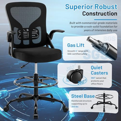 Drafting Chair for Standing Desk, Tall Office Chair with 22"-30" Seat Height &7" Lift Footrest Ring, Ergonomic Executive Mesh Computer Counter Stool with Lumbar Support &Flip-up Arms for Artist - color: Black