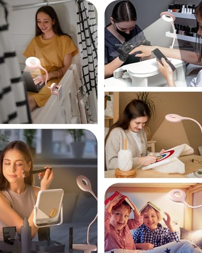 CUHIOY Rechargeable Clip on Reading Light for Bed Headboard, Pink, 1 Pack | Large Clamp Flexible Neck, Battery Desk Lamp, 5 Color 5 Brightness Touch Control, Flicker-Free LED Bedside Night Light - style: 1Pack Pink