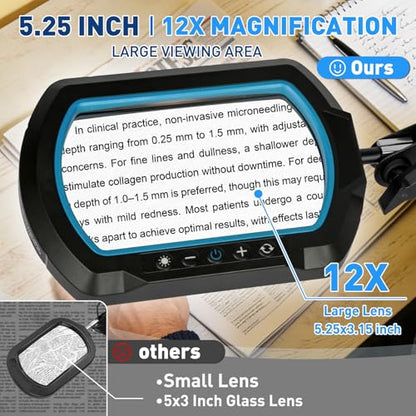 HITTI 12X Square Ultra Long Magnifying Glass with Light and Clamp - color: Blue, size: 12X