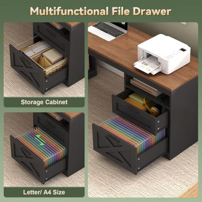 YOMILUVE Farmhouse L Shaped Standing Desk, 66 inch Corner Electric Standing Desk with Drawers ＆ Storage Shelves, Height Adjustable Computer Desk with Power Outlets for Home Office (Black and Brown) | Corner Electric Standing Desk with Drawers ＆ Storage Sh