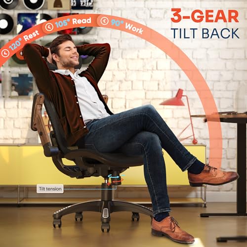 GABRYLLY Ergonomic Office Chair, High Back Home Desk Chair with Headrest, Flip-Up Arms, 90-120° Tilt Lock and Wide Cushion, Big and Tall Mesh Chairs for Man Woman, Black Task Chair(Dark Woodgrain) - color: Black Frame Dark Woodgrain