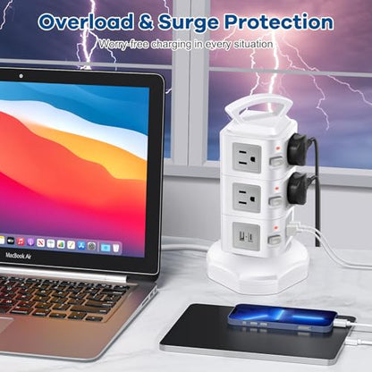 10-Outlet Power Strip USB C 20W Surge Protector | Retractable Extension Cord with 4 USB Ports | Desk Organizer Plug Outlet Extender | Charging Tower for Cell Phone, Computer, Electronic, Home, Office