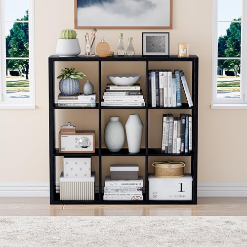 VDNEND Cube Storage Organizer Bookcase, Decorative 11 inch Open Back Cubical Shelf with Thickened Border, Display Bookshelf for Living Room, Home Office, Sturdy Room (Black, 9 Cube) - color: Black, size: 9 Cube,Standard