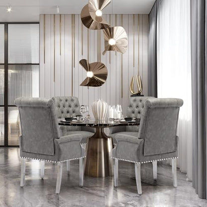 PU Leather Dining Chairs with Arms, Upholstered Dining Room Chairs, Grey | Upholstered, High Back, Tufted, Luxurious, Stainless Steel Leg, for Kitchen & Dining Room - color: Pu, size: 1 PCS