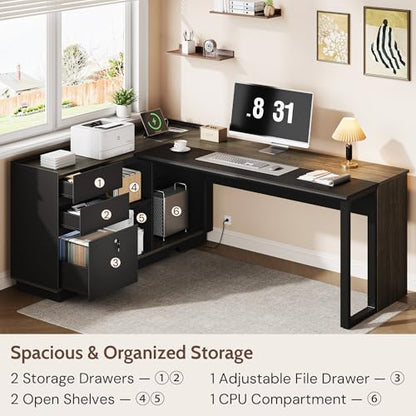 70" Executive Desk with Cabinet Storage, L-Shaped Office Desk with 3 Drawers and Shelves, Large Computer Desk Business Furniture for Home Office (Gray & Black)