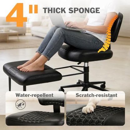 Ergonomic Cross Legged Office Chair with Footrest, 360° Swivel Height Adjustable PU Criss Cross Chair, Wide Seat & Back Support for Home Office, ADHD, Black - color: Black