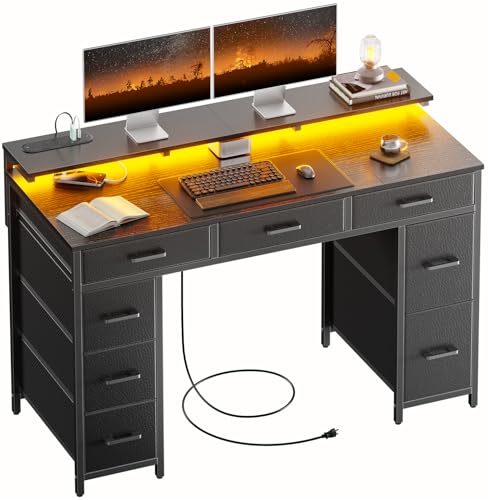 HLDIRECT 47 Inch Gaming Desk with LED Light and 8 Storage Drawers, Black - color: Black