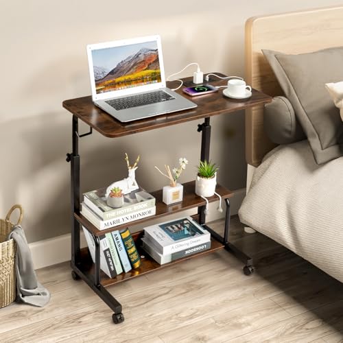 31.5''Standing Desk Small Computer Desk,Small Office Desk for Bedroom with 3 USB + 2 AC Outlets,Corner Desk for Small Space,Mini Adjustable Desk Stand Up Desk Laptop Desk,Portable Rolling Desk,Brown