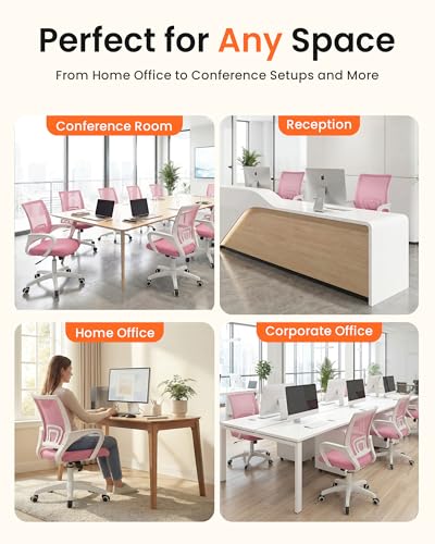 NEO CHAIR Office Computer Chair Ergonomic Mid-Back Mesh Desk Chair, Pink | Breathable Mesh Back with Lumbar Support, Height Adjustment, Smooth Rolling Casters for Home Office, Study or Gaming Setup - color: Pink-fabric