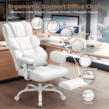 Vonesse Office Chair, Desk Chair with Soft Adjustable Armrests, Ergonomic High Back Gaming Chair with Lumbar Support, Executive Computer Chairs with Footrest (PU Leather,White) - color: Classic White