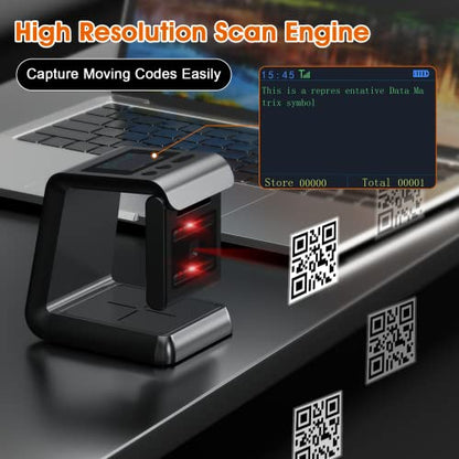 Alacrity 2D QR Wireless Barcode Scanner Hands-Free Omnidirectional Desktop Bar Code Scanner with Screen Display Compatible with Bluetooth & 2.4GHz Wireless for Airport Supermarket