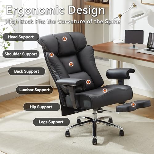 Efomao Big and Tall Executive Office Chair 450lbs,Black | 5.9" Thick Pocket Spring Cushion, Reclining Breathable PU Leather Desk Chair with Foot Rest, Soft Comfortable Support - color: 3060r-black