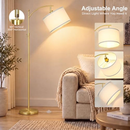 Upgraded Gold Arc Floor Lamp Adjustable Height 55-63in, 3 Color 9W LED Bulb - color: Gold+White Shade-Arc