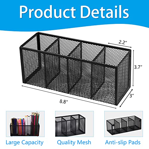 2PCS Black Mesh Pen Pencil Holder, Metal Desk Organizer Desktop Stationery Office Supplies Acessories Storage Stand, 4 Compartments Brushes Holder for Home School Classroom Teachers - size: 2pcs 4 Grids