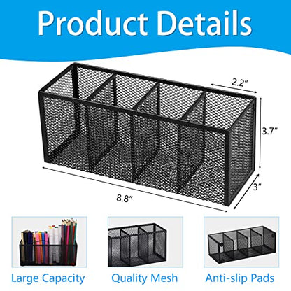 2PCS Black Mesh Pen Pencil Holder, Metal Desk Organizer Desktop Stationery Office Supplies Acessories Storage Stand, 4 Compartments Brushes Holder for Home School Classroom Teachers - size: 2pcs 4 Grids