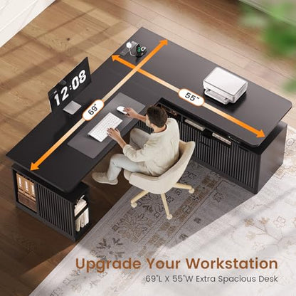 SEDETA Fluted L Shaped Executive Electric Standing Desk with 4 Drawers | 69" x 55" Height Adjustable Office Desk with Storage Shelves, Power Outlet, Sit Stand Computer Desk, Black - color: Black