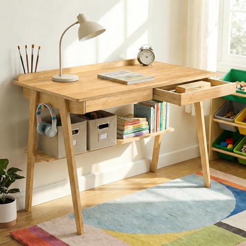 KEIKI Solid Wood Writing Desk with Drawers, 47" Computer Desk with Shelf for Home Office Work, Study, Natural - color: Natural W/Shelf