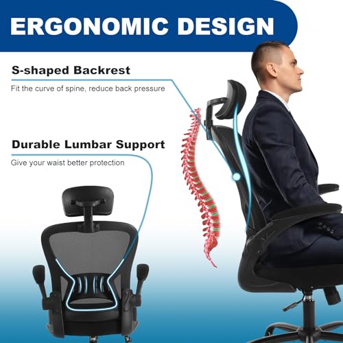 Youhauchair Adjustable Mesh Ergonomic Office Chair with Wheels, Black | Flip-up Arm, Lumbar Support, Height Adjustable, Breathable, Rocking, Mid Back Swivel Compurter Chair with Headrest, Set of 1 - color: Black, style: With Headrest