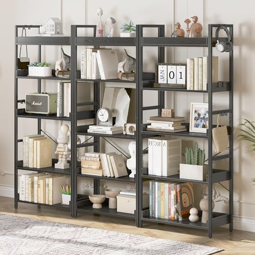 HCHQHS 5 Tier Bookshelf, Adjustable Industrial Bookcase, Vertical Tall Book Shelf, Wood and Black Metal Open Bookshelves for Home Office, Living Room, Bedroom - color: Black, size: 5-Tier (24"W x 57"H)