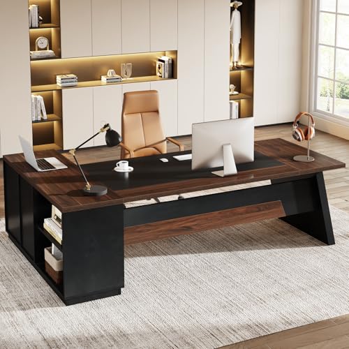 Tribesigns 78" L-Shaped Executive Desk, Large Office Desk with Drawers and File Cabinet, Modern Business Furniture for Home Office (Walnut & Black) - color: Walnut & Black