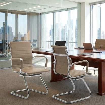 Office Desk Chair No Wheels Set of 4 PU Leather Computer Chairs Mid Back Guest Chairs for School Reception Conference Waiting Room, Light Brown - color: Light Brown, size: 4PCS