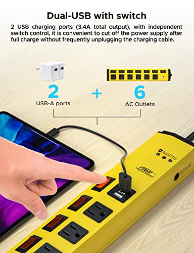 CRST 6 Outlet Metal Power Strip with 2 USB (3.4A) & Individual Switches - color: Yellow+2USB-6FT, size: 6FT