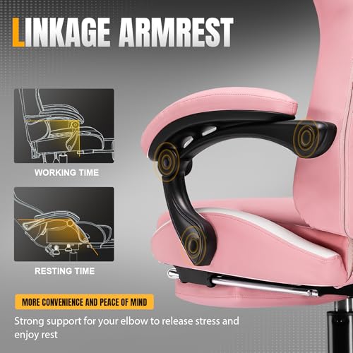 GTPLAYER Gaming Chair with Foot Rest & Pocket Spring Cushion, Ergonomic High Back Computer Chair with Headrest & 360°-Swivel Seat for Home Office Desk, PU Leather, Pink - color: Pink, size: Faux Leather