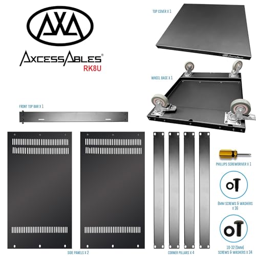 AxcessAbles 8U 19” Homelab Server Rack | 550-LB Capacity | Open Frame with Removable Side Panels | Rolling Rack Cabinet w/Locking 3” Casters | Network, AV & Studio Gear | Includes 5mm & 6mm Screws - color: RK8U