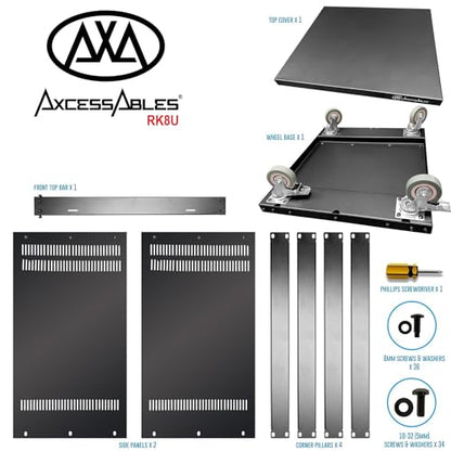 AxcessAbles 8U 19” Homelab Server Rack | 550-LB Capacity | Open Frame with Removable Side Panels | Rolling Rack Cabinet w/Locking 3” Casters | Network, AV & Studio Gear | Includes 5mm & 6mm Screws - color: RK8U