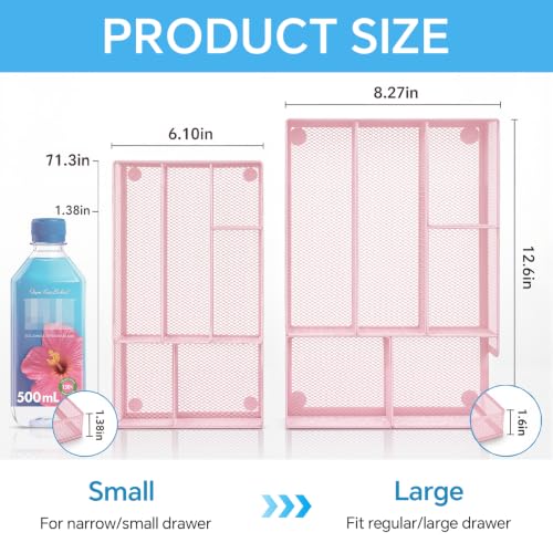 Desk Drawer Organizer, Office Drawer Divider Organizer Tray with 6 Compartments, Metal Mesh Desktop Organization and Accessories for Stationery Makeup Kitchen Toolroom School ＆Office (Large-Pink) - size: Large-Pink