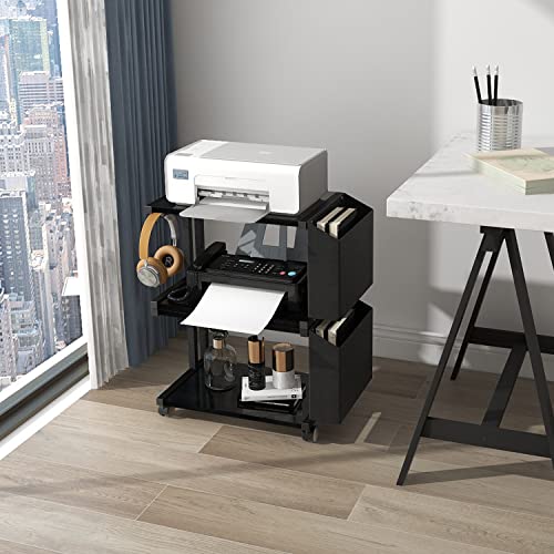 VEDECASA 2 Tier Black Printer Stand with Storage Bag for Home Office Desktop Printer Table Underdesk Organizer Mobile Printer Shelf with Caster Wheel (Black) - color: Black