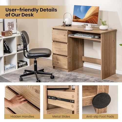 Tangkula Computer Desk with 3 Storage Drawers & Built-in Charging Station, Home Office Desk with Keyboard Tray, PC Desk Study Writing Desk, Vanity Table for Bedroom, Computer Workstation (Natural) - color: Natural