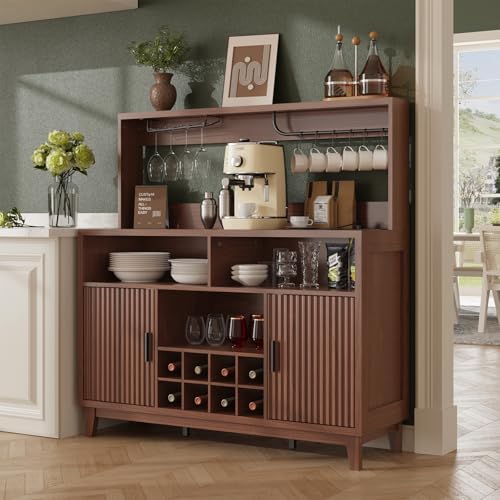 Fluted Buffet Cabinet with Storage, Modern Coffee Bar Cabinet, Walnut - color: Walnut, size: Coffee Bar - 15.6"D x 47.2"W x 49.6"H
