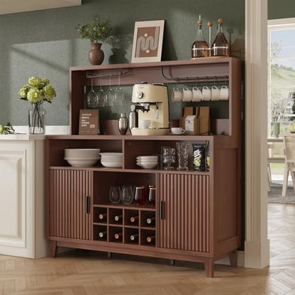 Fluted Buffet Cabinet with Storage, Modern Coffee Bar Cabinet, Walnut - color: Walnut, size: Coffee Bar - 15.6"D x 47.2"W x 49.6"H