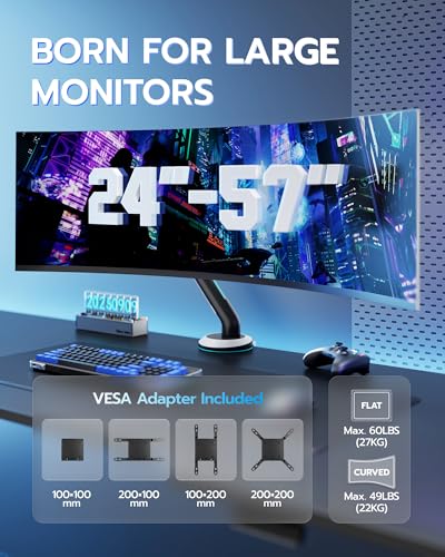 Single Gaming Monitor Arm for 24"-57" Screen, White | Computer Monitor Stand Holds Up to 60LBS - color: WHITE, style: Non-RGB