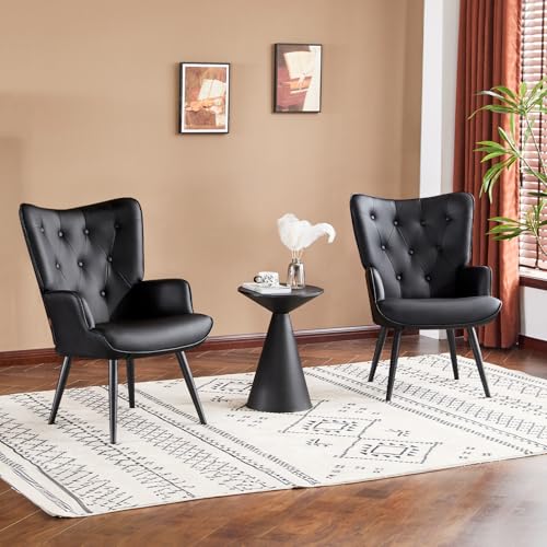 Furniliving PU Leather Accent Chair for Living Room, Upholstered Reading Chair with High Backrest, Tufted-Button Wingback Armchair for Bedroom, Dressing Room, Home Office, Set of 2, Black - color: Black-pu, size: Set of 2