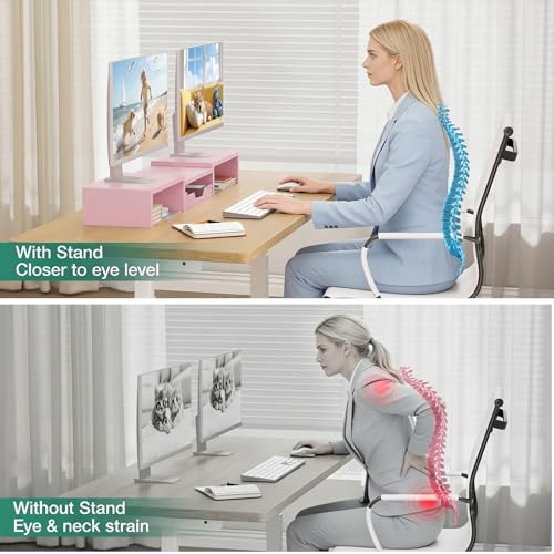 OPNICE Dual Computer Monitor Stand Riser, Desk Organizer with Drawer, Office Desk Accessories & Workspace Organizers for Home Office Supplies, Pink - color: Pink