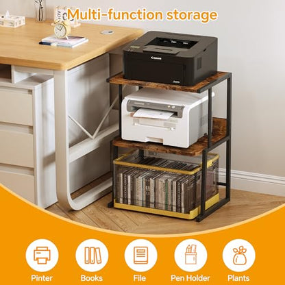 Homeiju 3-Tier Printer Stand for Desk, Desktop Printer Shelf, Heavy Duty Metal Frame Wood Shelf for Home Office Holds Up to 50lbs, Space-Saving Desk Organizer forfor Home Office, Rustic Brown