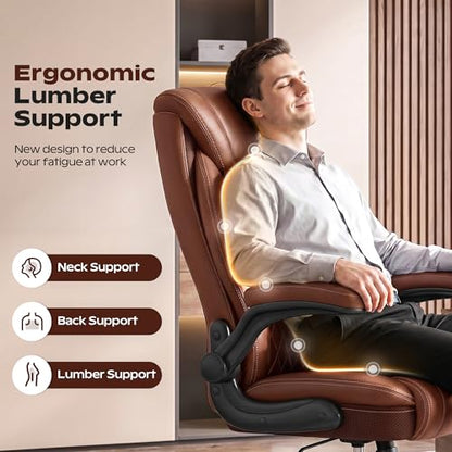 Office Chair, Ergonomic High Back Home Office Desk Chair, Big and Tall Breathable Leather Office Chair with Lumbar Support Flip-Up Armrests, Computer Chair with Rocking Function - color: Brown, style: Without Footrest