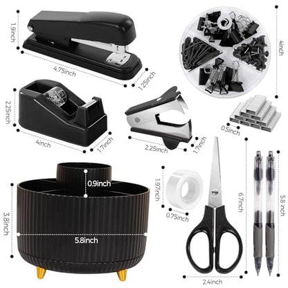SKYDUE Black Office Supplies with Pencil Holder,Desk Accessories 11PCS | Office Desk Accessories Included Stapler with Staples, Staple Remover,Tape Dispenser, Binder Paper Clips Kit,Scissor, Pens - color: Black