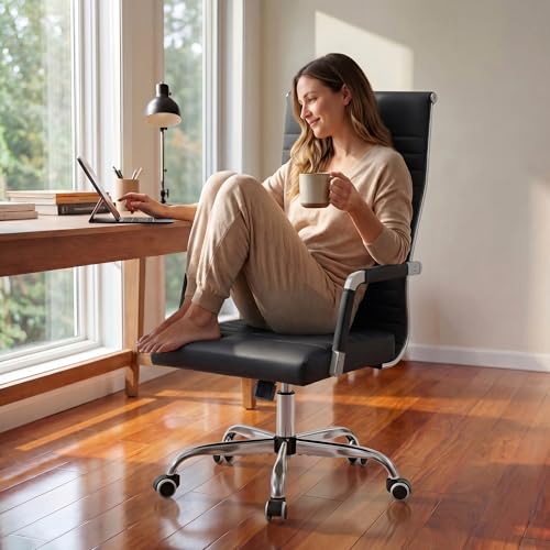 Furmax Ribbed Office Chair High Back PU Leather Executive Conference Chair Adjustable Swivel Chair with Arms, Black - color: Black