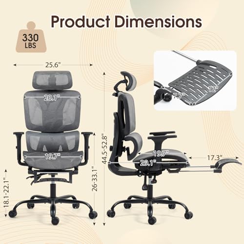Grey Mesh Ergonomic High Back Office Chair with Footrest | Adjustable Lumbar Support, Headrest, Armrests, Reclining, Swivel, Rolling Casters, Sturdy Base, for Home Office & Gaming - color: Grey, style: Upgrade w/ footrest