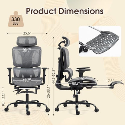 Grey Mesh Ergonomic High Back Office Chair with Footrest | Adjustable Lumbar Support, Headrest, Armrests, Reclining, Swivel, Rolling Casters, Sturdy Base, for Home Office & Gaming - color: Grey, style: Upgrade w/ footrest
