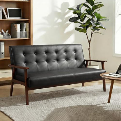 JIASTING 50" W Solid Wood Loveseat Sofa, Upholstered Faux Leather Couch