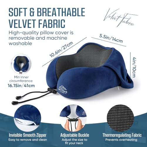 SkytraxComf® Travel Neck Pillow with Hood for Privacy on Long Flights | Memory Foam | Airplane Sleep | Safety-Tested Materials | Extra Large Hood | Chin Support | Earplugs | Washable Cover - color: Navy Blue