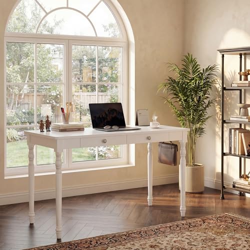 100% White Solid Wood Desk 47" Wooden Desk with 2 Drawers | Mid Century Modern Desk, Writing Desk Computer Table for Home, Office, Bedroom, Living Room - color: White, size: 47.2" x 21.7"