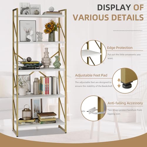 Vongrasig 5 Tier Metal Bookshelf, Narrow Industrial Bookcase, White+Gold - color: White Gold